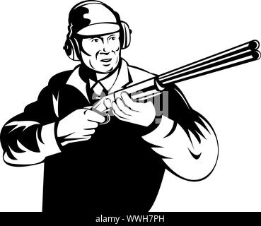 illustration of a hunter aiming shotgun rifle gun done in retro style on isolated background Stock Photo