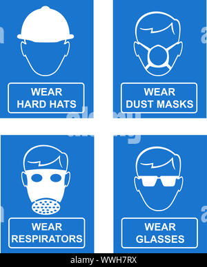 illustration of workplace signs showing warning, caution, wear hard hat ,dust mask,respirator,goggles on blue background Stock Photo