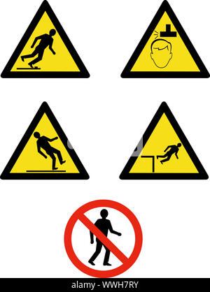 illustration of workplace signs showing warning, slippery surface,low head room area,dangerous areas on isolated white background Stock Photo