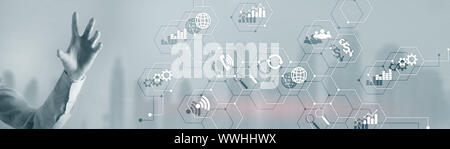 Diagrams and icons on hologram screen. Mixed Media Website Business Horizontal Background Stock Photo