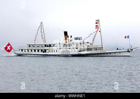 Paddle steamer Rhone on Lake Geneva Stock Photo