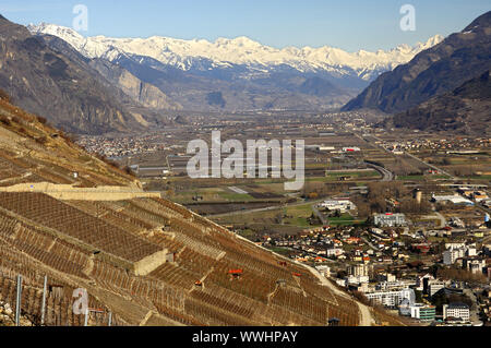 View into the Rhone valley near Martigny, Valais, Switzerland Stock Photo