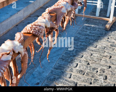 From above sea animals with tentacles hanging on wooden railing on marketplace in old port of Naoussa Greece on sunny day Stock Photo