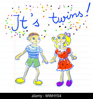 Baby Arrival Childlike Marker Drawing Of Two Little Girls On A Piece Of Paper It S Twins Stock Photo Alamy