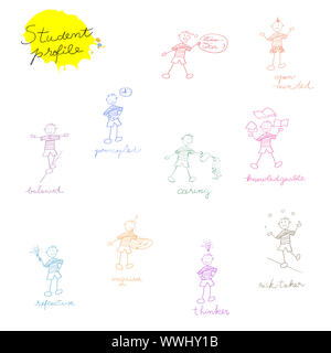 hand drawn children composition for international school, student profile doodles set Stock Photo