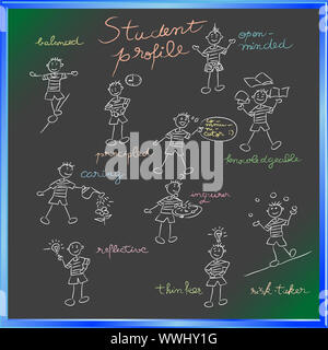 hand drawn children composition for international school, student profile chalk doodles set Stock Photo