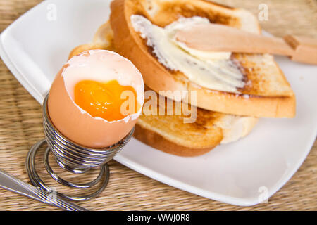 Soft boiled egg with crispy toasts on the plate Stock Photo
