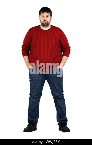 Complete body shot of a big guy smiling looking at camera, real ordinary middle age bearded white man with weight problem isolated over white Stock Photo