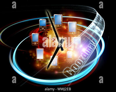 Rendering of cellular phones, clocks and abstract design elements on the subject of phone technology, cellular communication, project coordination and Stock Photo