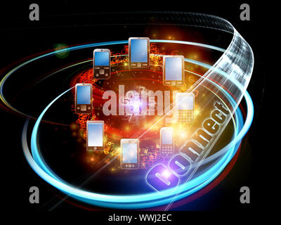 Rendering of cellular phones, connect wording and abstract design elements on the subject of phone technology, cellular communication and modern elect Stock Photo