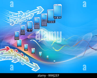 Rendering of cellular phones and abstract design elements on the subject of phone technology, cellular communication and modern electronic gadgets Stock Photo
