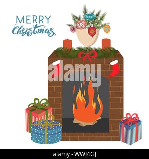 Christmas fireplace with garland and socks, and gifts. Cartoon flat cute vector illustration Isolated on a white background. Stock Vector