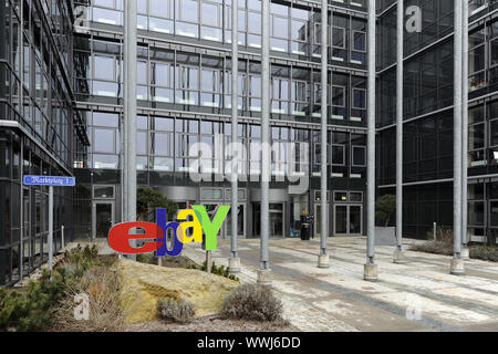 ebay logo at the main entrance of the German headquarters in Kleinmachnow near Berlin Stock Photo