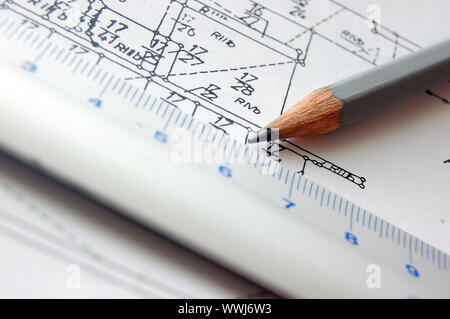 Architect's accessories on plan papers Stock Photo - Alamy