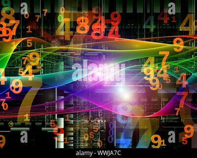 Dynamic interplay of attractive wave forms, lines and digits on the subject of modern technologies, communications, energy, motion and space Stock Photo
