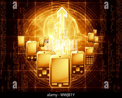 Rendering of cellular phones and abstract design elements on the subject of phone technology, cellular communication and modern electronic gadgets Stock Photo
