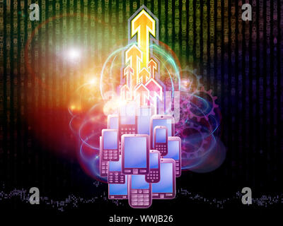 Rendering of cellular phones, numbers and abstract design elements on the subject of digital phone technology, cellular communication and modern elect Stock Photo
