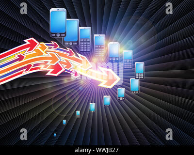 Rendering of cellular phones and abstract design elements on the subject of phone technology, cellular communication and modern electronic gadgets Stock Photo