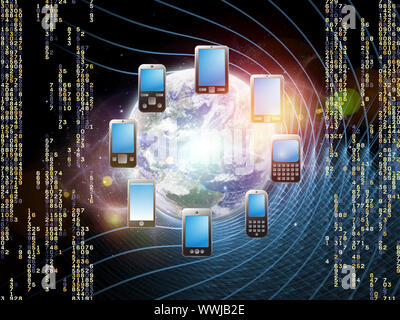 Rendering of arrangement of cellular phones, planet Earth and abstract design elements on the subject of global digital phone technologies, cellular c Stock Photo