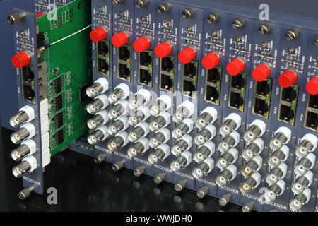 fiber optic video converter with optical FC connectors and video BNC connectors Stock Photo