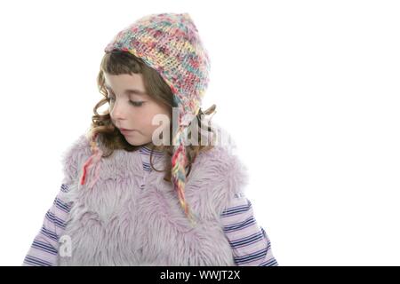 Winter little girl wool hood and fur coat on white background Stock Photo