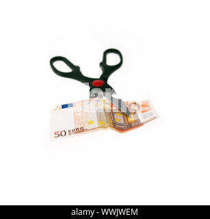 opened stainless scissors cutting euro bill  crisis methaphore closeup  isolated on white Stock Photo
