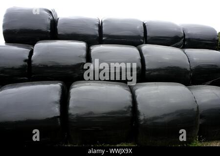 Black plastic wrap cover for wheat cereal bales outdoor Stock Photo