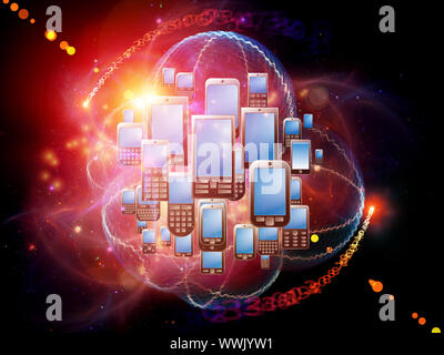 Rendering of cellular phones and abstract design elements on the subject of phone technology, cellular communication and modern electronic gadgets Stock Photo