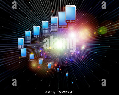 Rendering of cellular phones and abstract design elements on the subject of phone technology, cellular communication and modern electronic gadgets Stock Photo