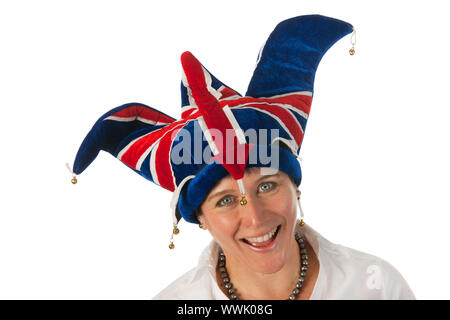 Woman is wearing a funny Brittish hat Stock Photo