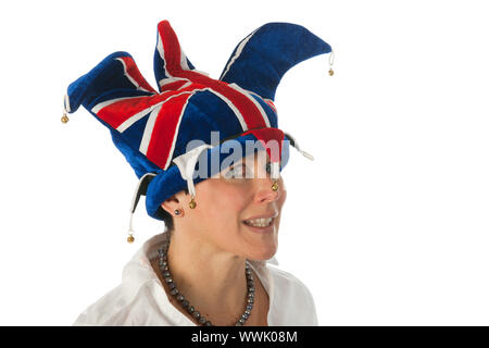 Woman is wearing a funny Brittish hat Stock Photo