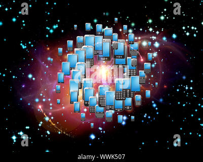 Rendering of cellular phones and abstract design elements on the subject of phone technology, cellular communication and modern electronic gadgets Stock Photo