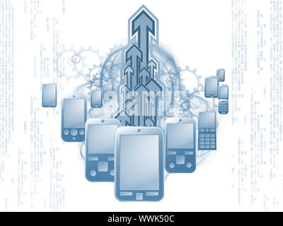 Rendering of cellular phones, numbers and abstract design elements on the subject of digital phone technology, cellular communication and modern elect Stock Photo