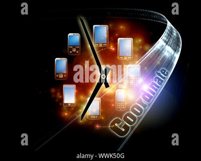 Rendering of cellular phones, clocks and abstract design elements on the subject of phone technology, cellular communication, project coordination and Stock Photo