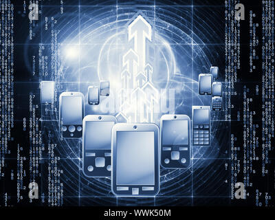 Rendering of cellular phones, numbers and abstract design elements on the subject of digital phone technology, cellular communication and modern elect Stock Photo