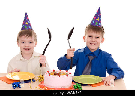 two boy wich cake Stock Photo