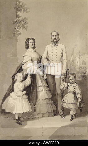 Emperor Franz Joseph I with Empress Elisabeth and their children Crown Prince Rudolf and Archduchess Gisela, ca 1860. Private Collection. Stock Photo