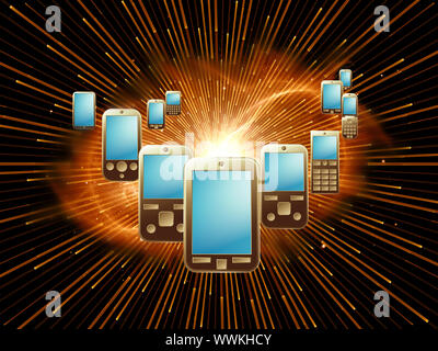 Rendering of cellular phones and abstract design elements on the subject of phone technology, cellular communication and modern electronic gadgets Stock Photo