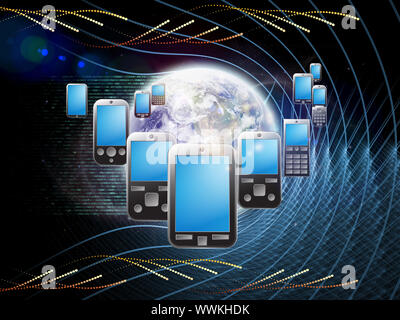 Rendering of arrangement of cellular phones, planet Earth and abstract design elements on the subject of global digital phone technologies, cellular c Stock Photo