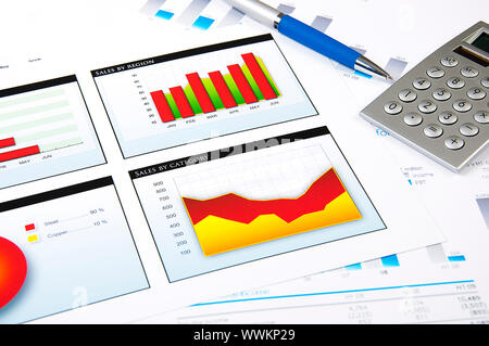 Drawings and charts of successful business, workplace of the businessman Stock Photo