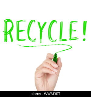 Recycle - recycling concept image. Hand writing recycle with green marker pen isolated on white background. Stock Photo