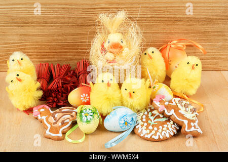 easter decoration, gingerbread, chicken and painted eggs Stock Photo