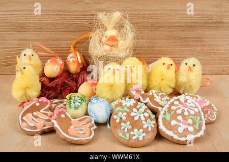 easter decoration, ginger bread, chicken and painted eggs Stock Photo