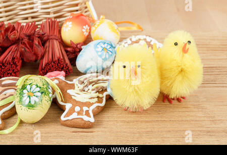 easter decoration, ginger bread, chicken and painted eggs Stock Photo