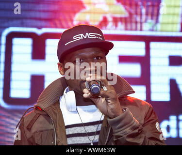 50 Cent, US-Rap star, giving autograph in Berlin. Stock Photo