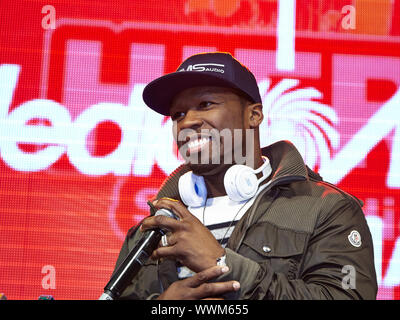 50 Cent, US-Rap star, giving autograph in Berlin. Stock Photo