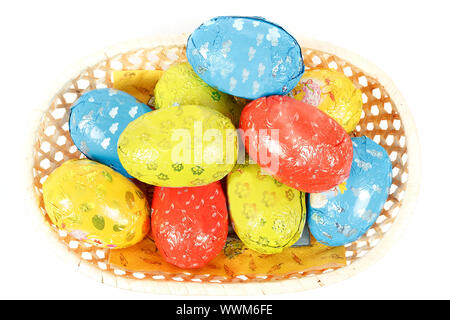 easter chocolate eggs in a basket Stock Photo
