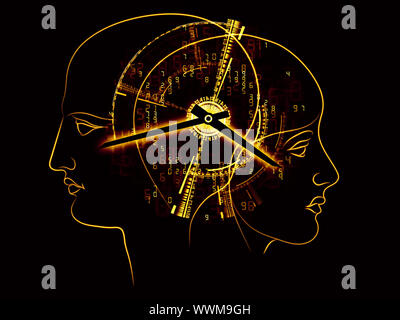 Composition of human head outlines, lights, numbers and abstract design  elements as a concept metaphor for modern technology, digital revolution, sci Stock Photo