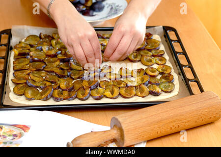 preparing, baking plum cake Stock Photo