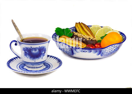 Cup of tea, cakes, sweets, fruit bowl, painted in the style of the Gzhel